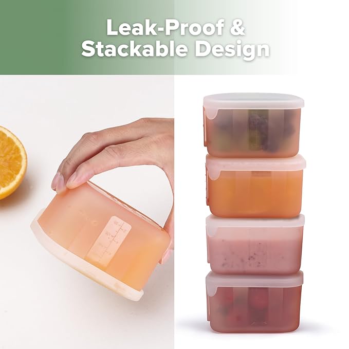 haakaa Mini Meal Silicone Storage Containers,8 oz Silicone Baby Food Containers with Airtight Lids,Reusable Baby Food Jars for Purees, Fruits & Snacks-Microwave & Dishwasher Safe,4 Pack,Blush