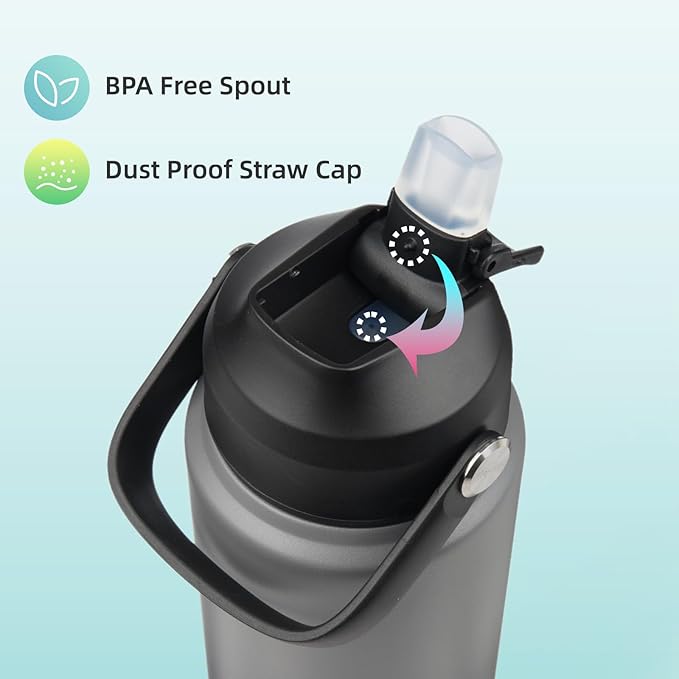 Konokyo Insulated Water Bottle with Straw Lid,32 oz Stainless Steel Vacuum Metal Bottle with Silicone Handle,Gray Black