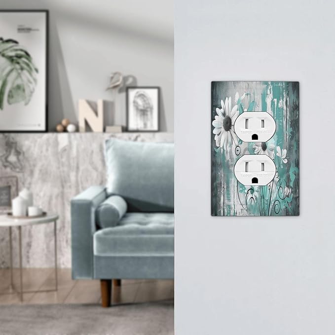 Outlet Covers Teal Daisy Floral Vintage Wood Plank 1 Gang Duplex Light Switch Cover Decorative Switch Plates Electrical Receptacle Faceplate Wall Plate For Farmhouse Cabin Decor