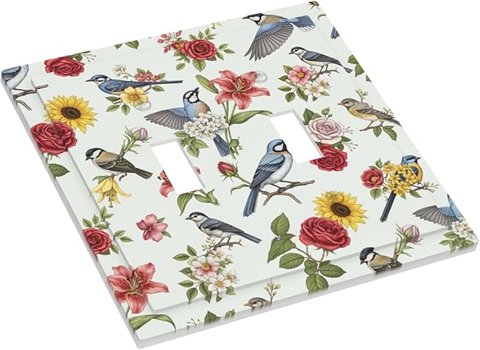 Vintage Birds & Blooms Double Toggle Switch Cover - 2-Gang Standard US Size English Countryside Chintz Light Switch Covers, Botanical Floral & Songbird for Bedroom Decor