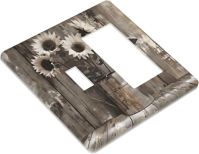 Rustic Floral Country Sunflower Daisy Old Wooden Boards Outlet Covers 1 Toggle 1 Rocker Combination Decorative Wall Plate Electrical Switch Plates Light Switch Cover Plate for Farmhouse Home Decor
