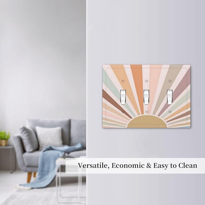 Boho Sun Rainbow Retro Aesthetic Abstract Art Sunrise Sunset Decorative Switch Plates 3 Gang Wall Plate Triple Toggle Light Switch Cover Faceplate Electrical Wall Panels for Kids Room Bedroom Decor