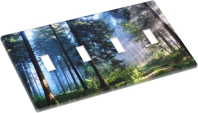 Green Landscape Forest Tree 4 Gang Device Light Switch Cover Decorative Quad Toggle Wall Plate Decorative Electrical Faceplate for Home Bedroom Art Decorate