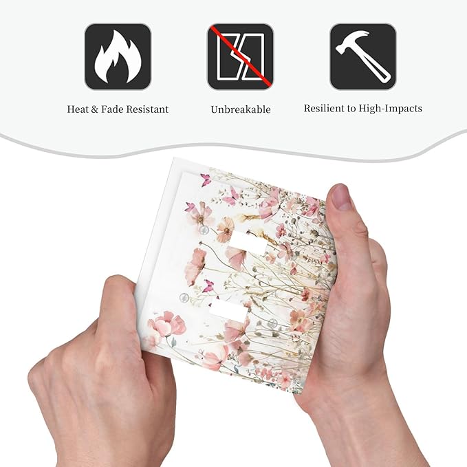 Boho Floral Watercolor Pink Wildflower Butterfly Decorative Switch Plates 2 Gang Double Toggle Outlet Light Switch Cover Wall Plate Electrical Faceplate for Bedroom Living Room Decor