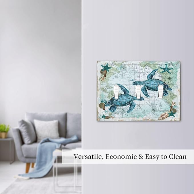 Decorative Switch Plates Nautical Green Sea Turtles Beach Blue Ocean 3 Gang Wall Plate Triple Toggle Light Switch Cover Faceplate Electrical Wall Panels For Bathroom Kids Room Decor