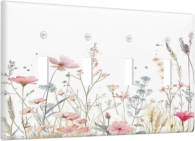 Watercolor Wildflower Pink Flower Plant Floral Light Switch Covers Quad Toggle Electrical Faceplate 4 Gang Wall Plate Decorative Switch Plates for Bedroom Living Room Decor