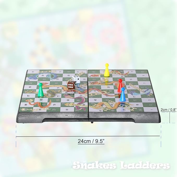 Snakes and Ladders Board Game Set -9.5", Magnetic Folding Travel Game, Family Fun Toys/Gift for Kids and Adults (Rounded Corner Style)