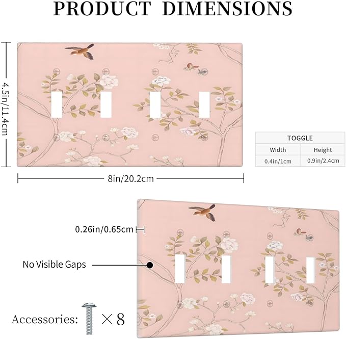 Pink Background Flowers Bird Butterflies Floral Light Switch Covers Quad Toggle Electrical Faceplate 4 Gang Wall Plate Decorative Switch Plates Cover for Bedroom Living Room Decor
