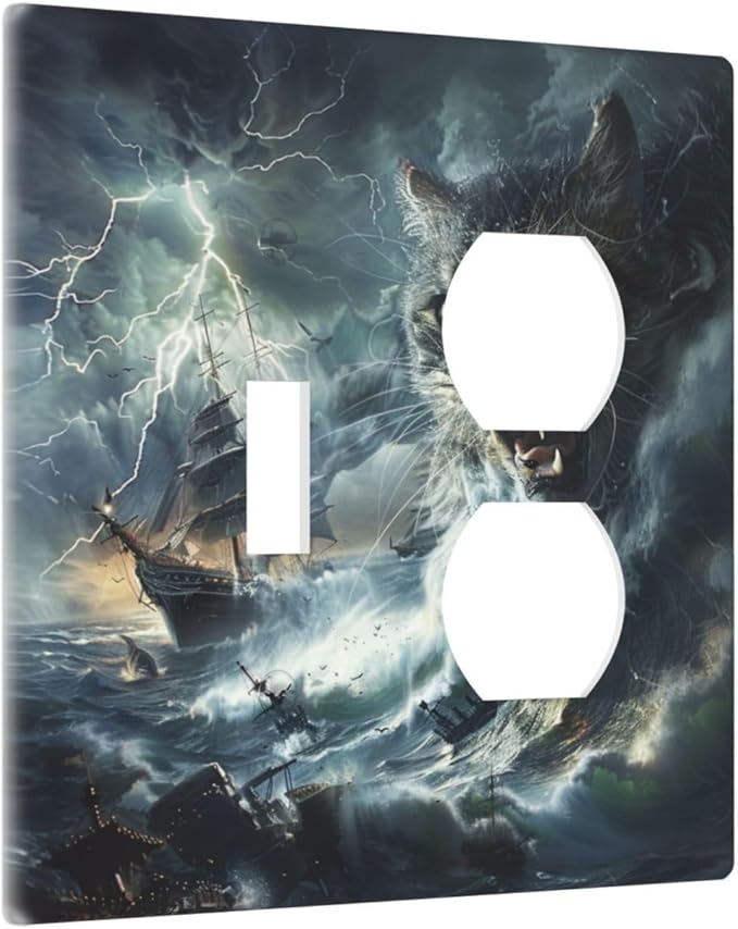 Light Switch Cover Plate funny Cat Stormy sea Lightning Sailboats 2 Gang Decorative Switch Plates 1 Toggle Duplex Combo Outlet Covers GFCI Wall Plates for Bathroom Kid Room Decor