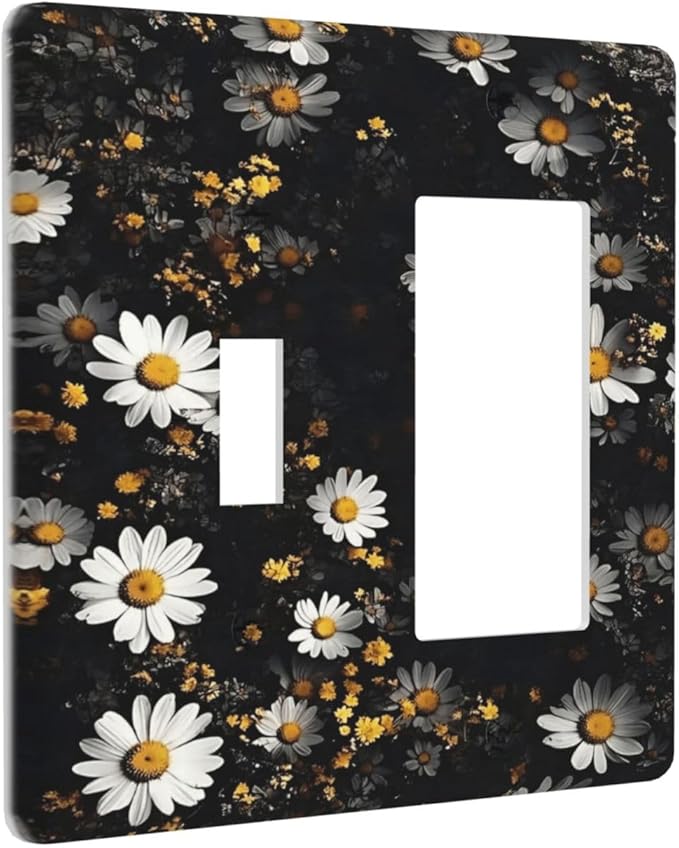 White Black Daisy Wildflower Modern Chrysanthemum Outlet Covers 1 Toggle 1 Rocker Combination Decorative Wall Plate Electrical Switch Plates Light Switch Cover Plate for Bedroom Farmhouse Decor