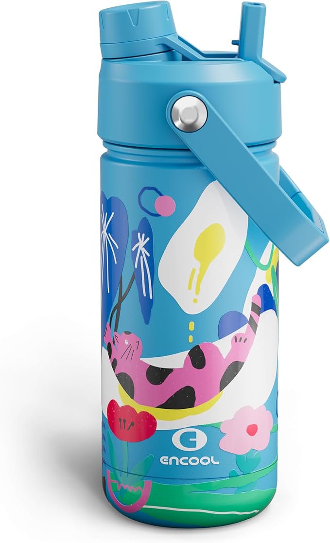 ENCOOL Kids Insualated Water Bottle with Straw,18oz Stainless Steel Water Bottle with Dual Spouts, Leak-Proof,BPA-Free,Double Wall Vacuum Keeps Cold for 24 Hours for Sports,Travel,School (Flower Cat)