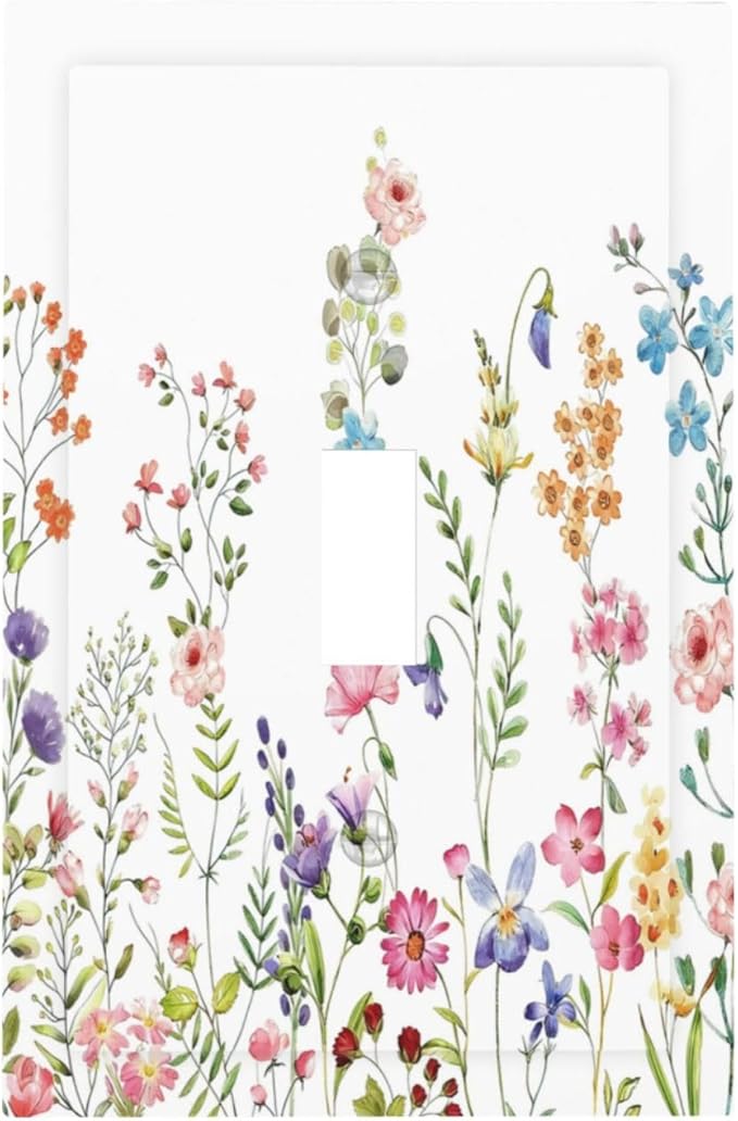 Boho Watercolor Wildflowers Floral Plants Flower Decorative Light Switch Cover 1 Gang Single Toggle Device Electrical Faceplate Switchplates Decorator Outlet Wall Plate for Bedroom Living Room Decor