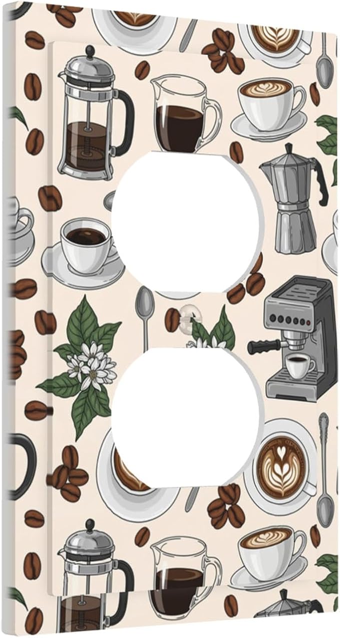 Whimsical Coffee Shop Duplex Wall Plate - 1-Gang Standard US Size Vintage Coffee Pattern Outlet Covers, Café Culture Espresso for Dining Room Decor
