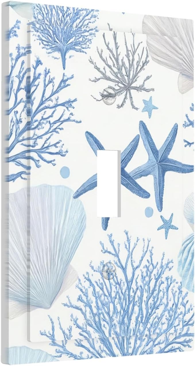 Coastal Blue Coral & Starfish 1-Gang Toggle Light Switch Plate, Watercolor Ocean Treasures Serene Underwater Garden Decorative Wall Plate for Beach House Decor