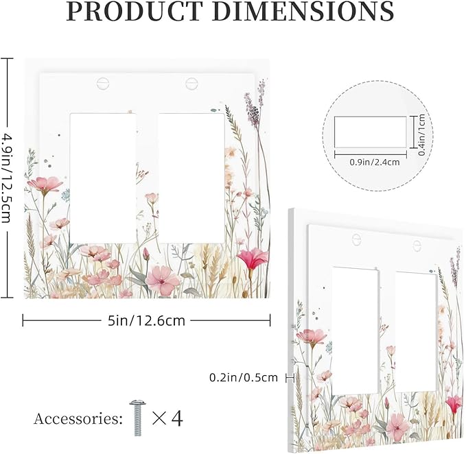Watercolor Wildflower Pink Flower Plant Floral Decorative Outlet Covers 2 Gang Double GFCI Rocker Electrical Wall Panels Light Switch Cover Plate for Bedroom Living Room Decor