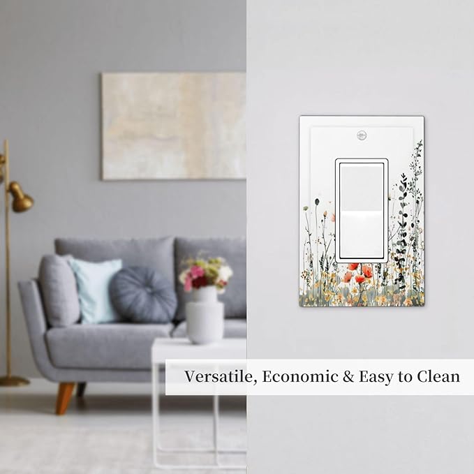 Vintage Country Style Watercolor Leaves Wildflowers Floral Decorative Outlet Covers 1 Gang Single Rocker Light Switch Cover Plate Wall Plates GFCI Faceplate for Bedroom Living Room Decor