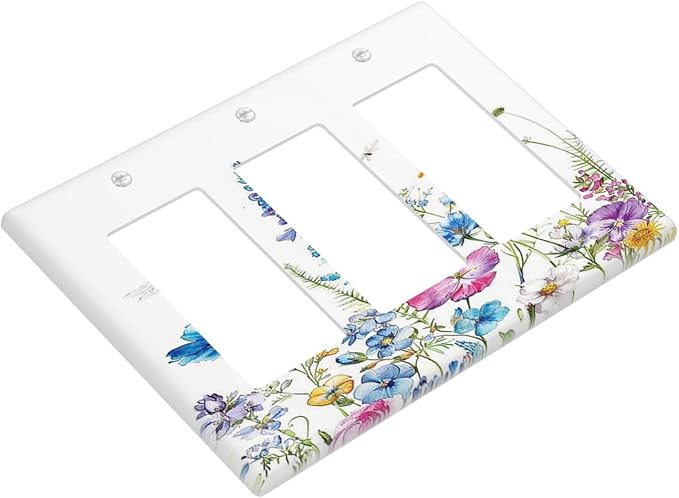 Light Switch Covers Boho Colorful Flowers Plants And Dragonflies 3 Gang Rocker Electrical GFCI Decorative Triple Outlet Wall Plate Cover Switchplate for Bedroom living Room Decor