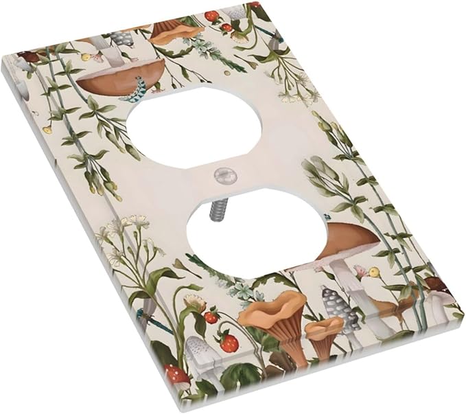 Boho Mushroom Forest Plants Wildflowers Insects Outlet Covers 1 Gang Duplex Light Switch Cover Decorative Switch Plates Electrical Receptacle Faceplate Wall Plate for Kids Room Home Decor
