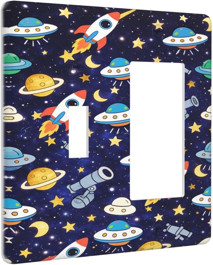 Decorative Outlet Covers Blue Space-themed Rocket Spaceship 2 Gang Light Switch Cover Plate Single Toggle 1 Rocker Wall Plates for Electrical Switch Plate Covers for Children's Room Decor