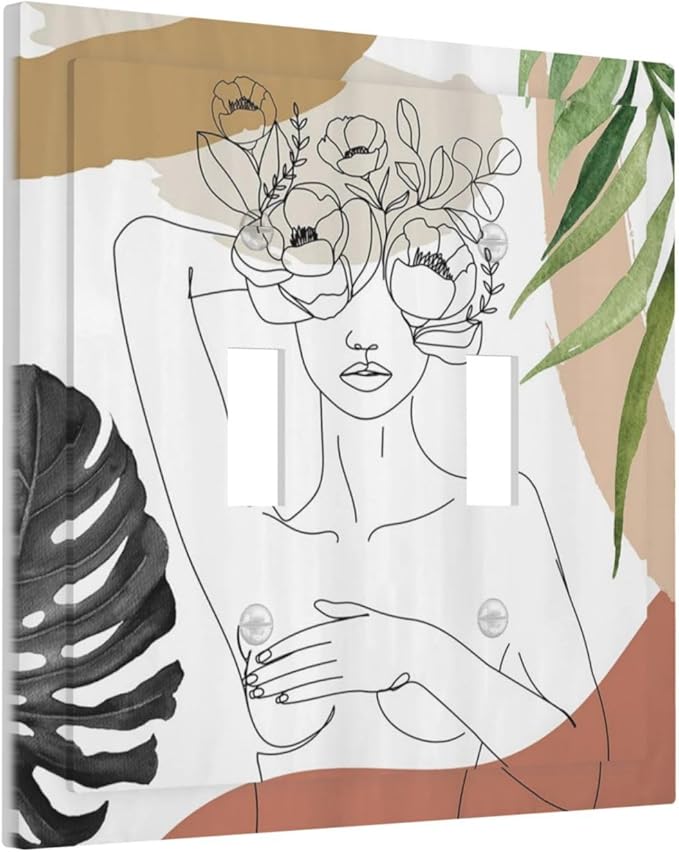 Mid Century Abstract Women Lady Boho Palm Leaf Double Toggle Light Switch Covers Decorative Unique 2 Gang Wall Plate Dual Electrical Faceplate Switchplate for Bathroom Bedroom Living Room Decor