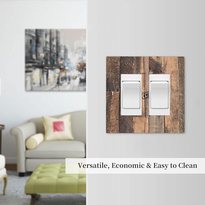 Rustic Brown Wood Plank Vintage Country Wooden Board Decorative Outlet Covers 2 Gang Double GFCI Rocker Electrical Wall Panels Light Switch Cover Plate for Farmhouse Home Decor