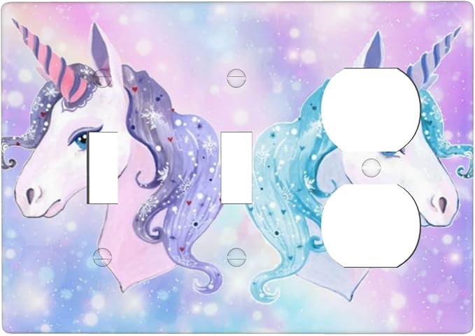 Cute Purple/Blue Rainbow Unicorn 3-Gang 2-Toggle 1-Duplex Device Combination Wall Plate Cute Kawaii Decorative Combo Double Toggle/Single Duplex Receptacle Outlet Light Switch Cover Plate (Not Bling)