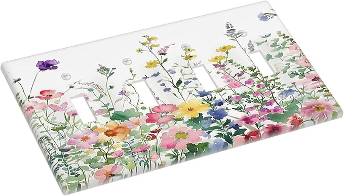 Light Switch Covers Boho Colorful Flowers Plant Rustic Wildflower Quad Toggle Electrical Faceplate 4 Gang Wall Plate Decorative Switch Plates for Bed Room Bathroom Decor