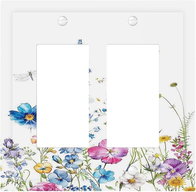 Decorative Outlet Covers Boho Colorful Flowers Plants And Dragonflies 2 Gang Double GFCI Rocker Electrical Wall Panels Light Switch Cover Plate for Bedroom living Room Decor