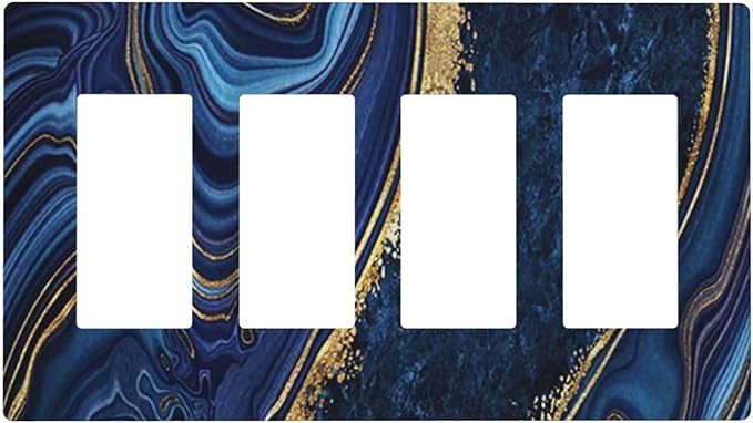 Navy Blue Marble 4 Gang Quad Rocker/Decor Light Switch Cover Plate Decorative Electrical Faceplate for Bathroom Room Decorate Jumbo Size Screwless 8.3" x 4.6