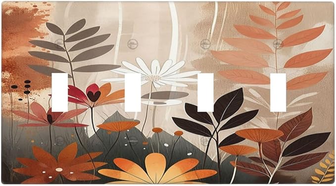 Boho Minimalist Vintage Wildflowers Plant Floral Art Watercolor Light Switch Covers Quad Toggle 4 Gang Wall Plate Decorative Switch Plates Electrical Faceplate for Bedroom Living Room Decor
