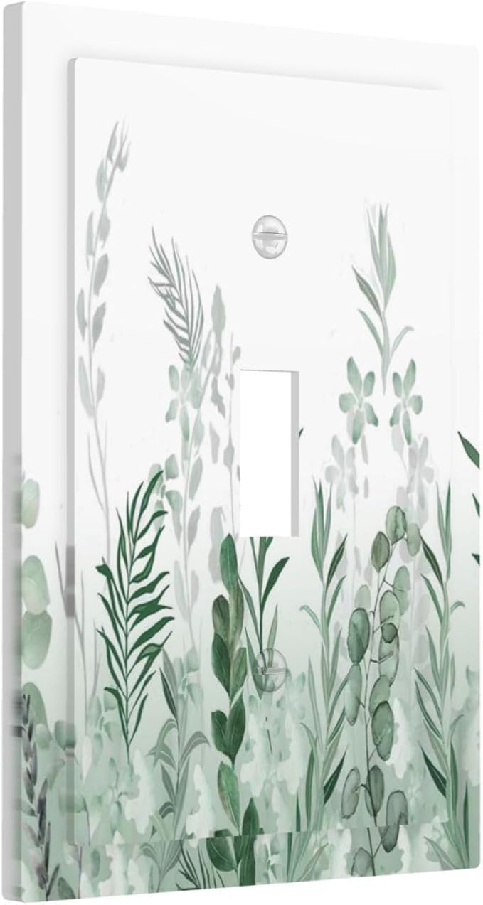 Watercolor Green Leaf Rustic Plant Eucalyptus Flowers Decorative Light Switch Cover 1 Gang Single Toggle Device Electrical Faceplate Switchplates Decorator Outlet Wall Plate for Bed Room Living Room