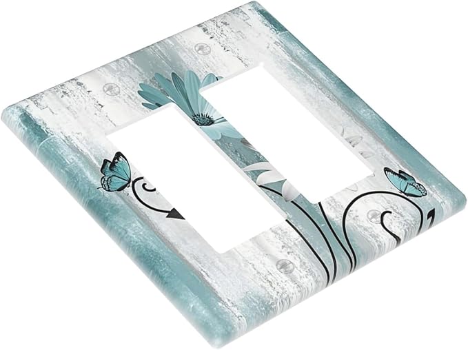 Decorative Outlet Covers Teal Daisy Floral Butterfly Vintage Wood 2 Gang Double Rocker Light Switch Cover Decorative Switch plates Electrical Wallplates GFCI Receptacle for Bathroom Bedroom