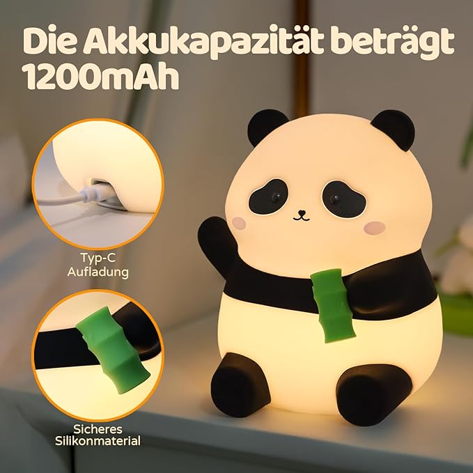 Rytinazzz Panda Night Light, 50-Hour Battery & Pat-to-Change Brightness, Squishy Silicone Lamp for Girls Kids Bedroom, USB Rechargeable with Timer, Mothers Day Gifts for Kids
