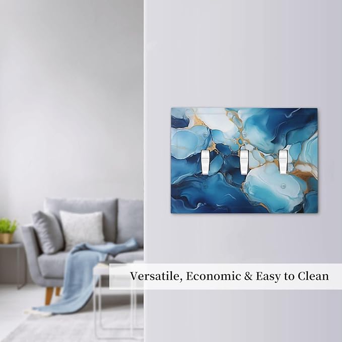 Decorative Light Switch Plate Covers Artistic Abstract Blue Marble Gold Line Painted 3 Gang Wall Plate Switch Cover Plate Triple Toggle Jumbo Electrical Faceplate for Bathroom Decor