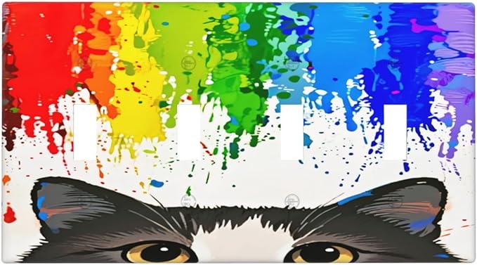 Cat Rainbow Quad Toggle Wall Plate Decorative 4 Gang Light Switch Covers Electrical Switchplate Home Decorate Faceplat for Bathroom Bedroom Kitchen Room 4.5 x 8 Inch