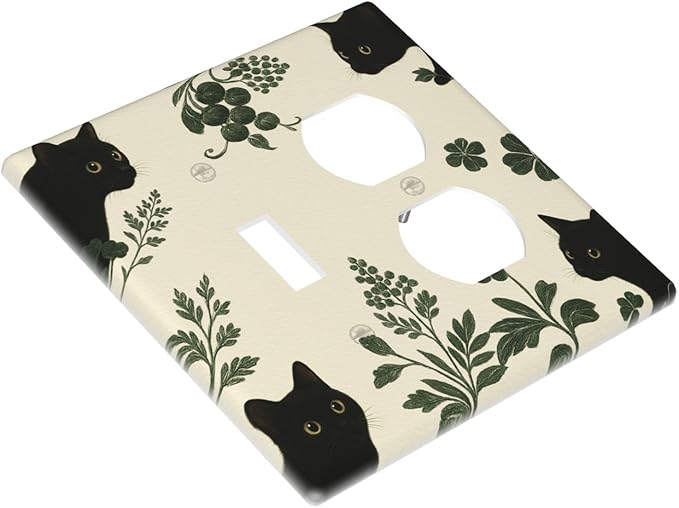 Decorative Outlet Covers Funny Black Cat Green Leaf 2 Gang Light Switch Cover Plate Single Toggle Duplex Wall Plates for Electrical Outlets Switch Plate Covers for Bedroom Home Decor
