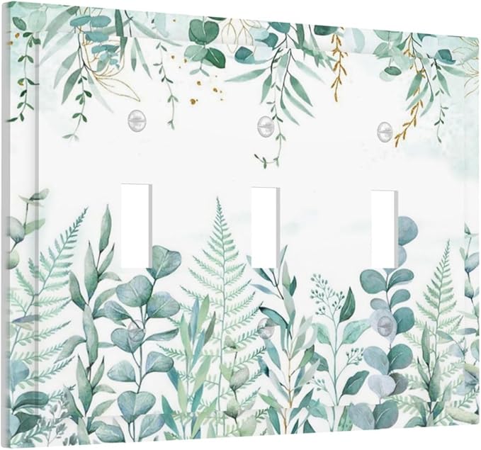 Boho Green Eucalyptus Leaf Floral Sage Flower Decorative Switch Plates 3 Gang Wall Plate Triple Toggle Light Switch Cover Faceplate Electrical Wall Panels for Bedroom Living Room Decor