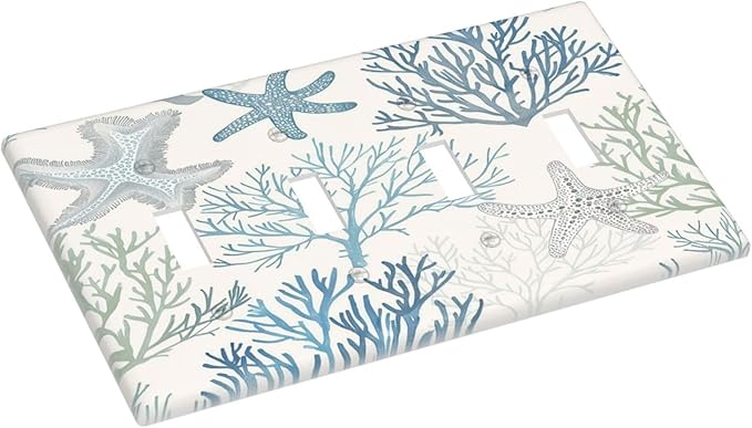 Light Switch Covers Ocean Beach Theme Starfish Seashell Coral Quad Toggle Electrical Faceplate 4 Gang Wall Plate Decorative Switch Plates For Bathroom Kids Room Decor