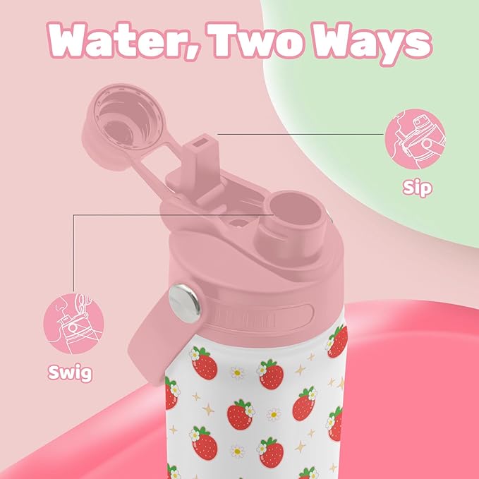 Insulated Water Bottle 18oz, Strawberry Gifts Water Bottle with 2-in-1 Straw and Spout Lid, Strawberry Cup Leakproof, Strawberries Cup for Strawberries Lovers, Birthday Gift Ideal for Girls