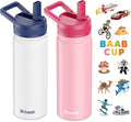 baab 18oz Kids Water Bottle, Insulated Water Bottle with Straw & Stickers, 18/8 Stainless Steel Vacuum Leakproof Kids Water Straw Cup for School, Gift for Boy Girl (Rose Pink+White, 2 Pack)