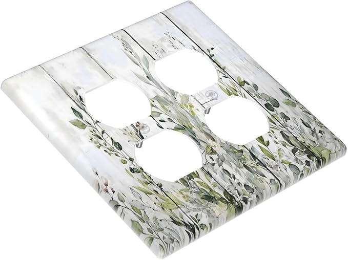 Sage Green Eucalyptus Rustic Country Botanical Leaf Flower Outlet Covers 2 Gang Double Duplex Decorative Light Switch Covers Electrical Wallplates Socket Faceplate for Farmhouse Bedroom Decor