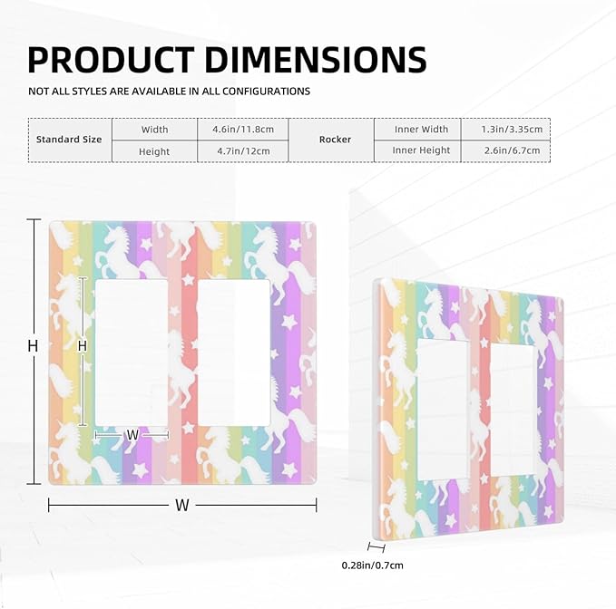 Colorful Kids Girl Cute Rainbow Purple Pink Yellow Stripes Unicorn 2 Gang Screwless Double Decorator/GFCI Wall Plate Rocker Outlet Light Switch Decorative Two Dual Device Receptacle Face Plate Cover