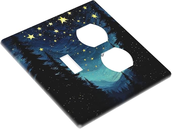 Wallplates Blue Starry Sky Forest Painted Star Pine Tree Oil Painting 1 Toggle 1 Duplex Switch Plate Electrical GFCI Faceplate Decorative Light Switch Covers for Bedroom Cabin Decor