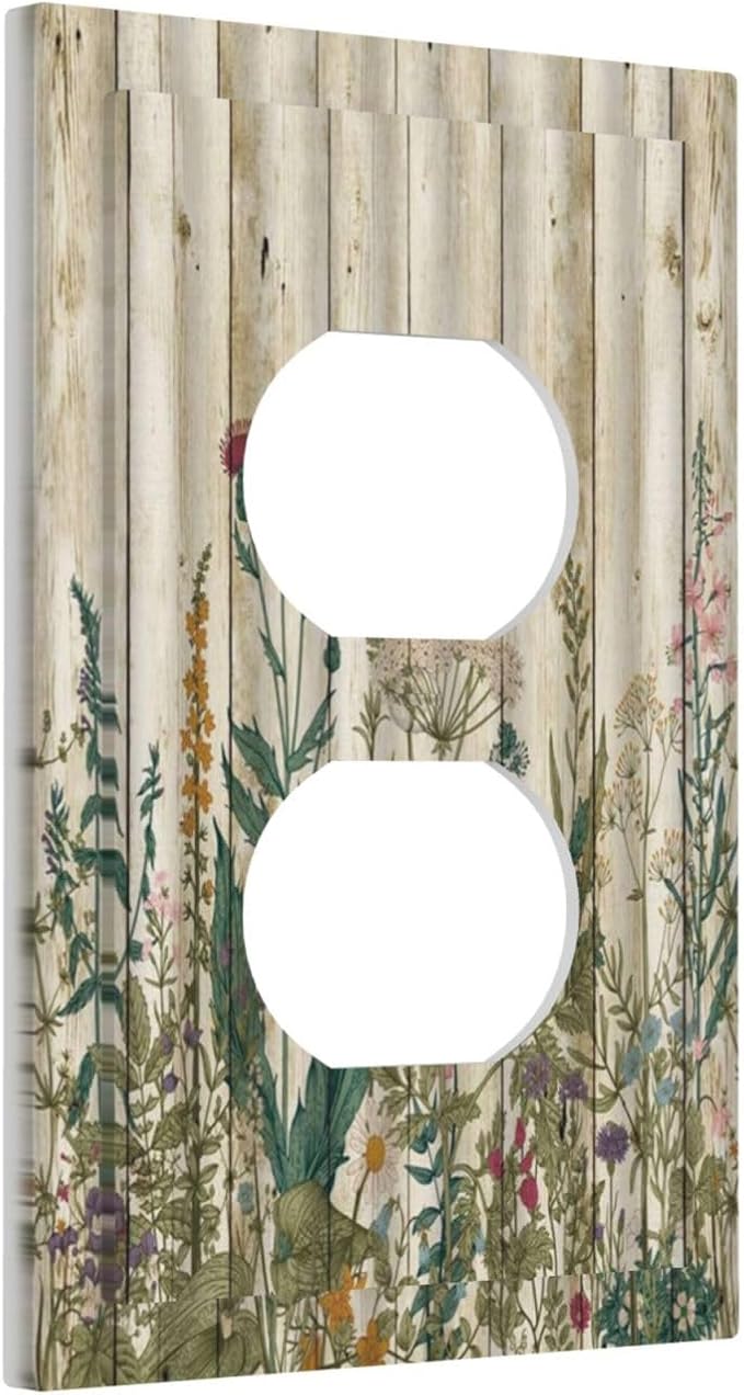Vintage Wild Flowers Botanical Green Leaves Plants 1 Gang Outlet Plate Decorative Single Duplex Wall Plate Covers Rustic Wood Plank Electrical Receptacle Light Switch Cover Art Faceplate Switchplate