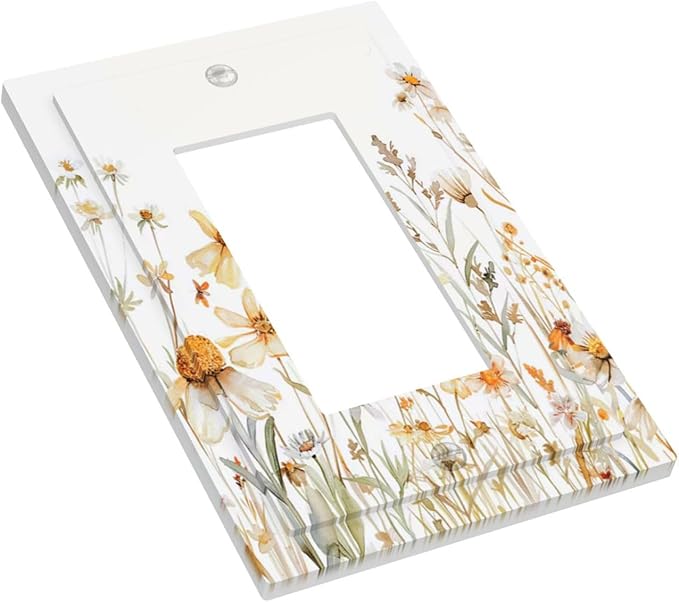 Yellow White Daisy Floral Bee Wild Flower Decorative Outlet Covers 1 Gang Single Rocker Light Switch Cover Plate Wall Plates GFCI Faceplate for Bedroom Living Room Decor