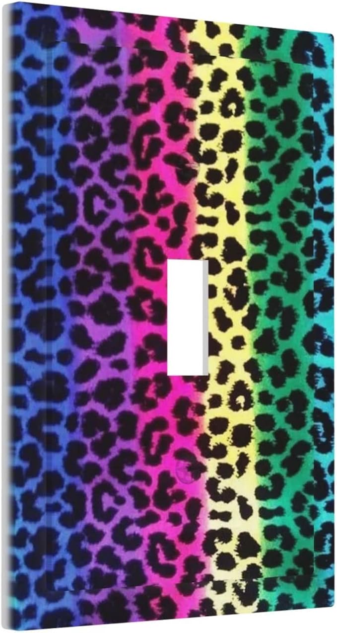 Tie Dye Rainbow Leopard Print Wall Plate Single Toggle 1 Gang Switchplate Decorative Light Switch Cover Wallplate Colorful Boho Leopard Stripes Rainbow Bohemian Gypsy Trippy Home Room Bathroom Decor