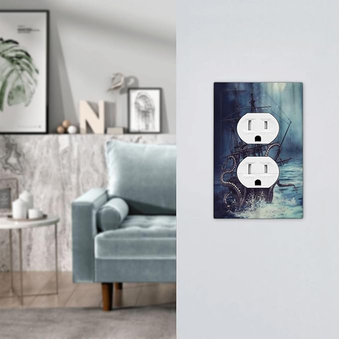 Octopus Ocean Kraken Nautical Pirate Ship 1 Gang Outlet Plate Decorative Single Duplex Wall Plate Covers Unique Electrical Receptacle Light Switch Cover Art Faceplate Switchplate for Bathroom Decor