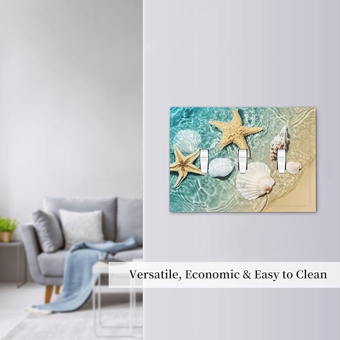 Decorative Switch Plates Beach Starfish Ocean Conch Cameo Shell 3 Gang Wall Plate Triple Toggle Light Switch Cover Faceplate Electrical Wall Panels For Decor Kids Room Decor