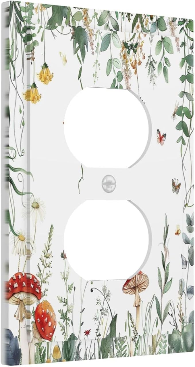 Outlet Covers Sage Plant Red Mushroom Butterfly Wild Flower 1 Gang Duplex Light Switch Cover Decorative Switch Plates Electrical Receptacle Faceplate Wall Plate For Bed Room Kids Room