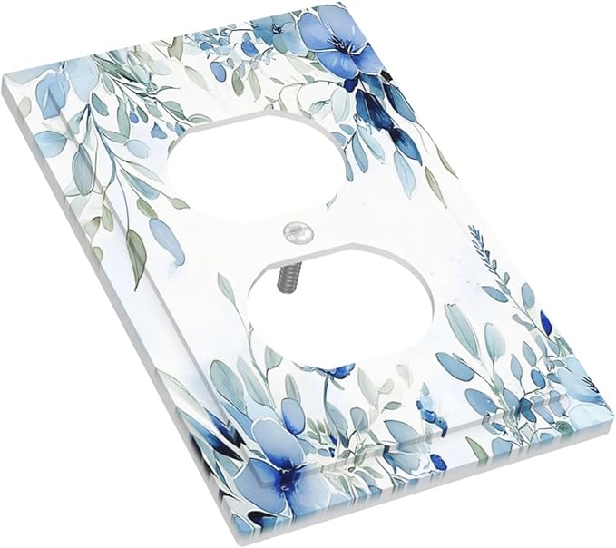 Watercolor Blue Flower Plant Floral Green Leaves Outlet Covers 1 Gang Duplex Light Switch Cover Decorative Switch Plates Electrical Receptacle Faceplate Wall Plate for Bedroom Living Room Decor